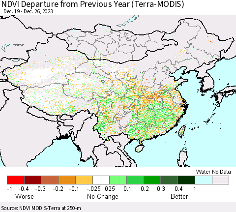 China, Mongolia and Taiwan NDVI Departure from Previous Year (Terra-MODIS) Thematic Map For 12/19/2023 - 12/26/2023