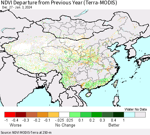 China, Mongolia and Taiwan NDVI Departure from Previous Year (Terra-MODIS) Thematic Map For 12/27/2023 - 1/3/2024