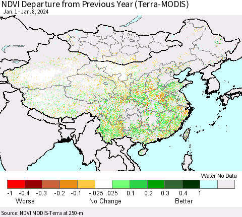 China, Mongolia and Taiwan NDVI Departure from Previous Year (Terra-MODIS) Thematic Map For 1/1/2024 - 1/8/2024