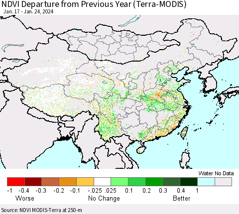 China, Mongolia and Taiwan NDVI Departure from Previous Year (Terra-MODIS) Thematic Map For 1/17/2024 - 1/24/2024