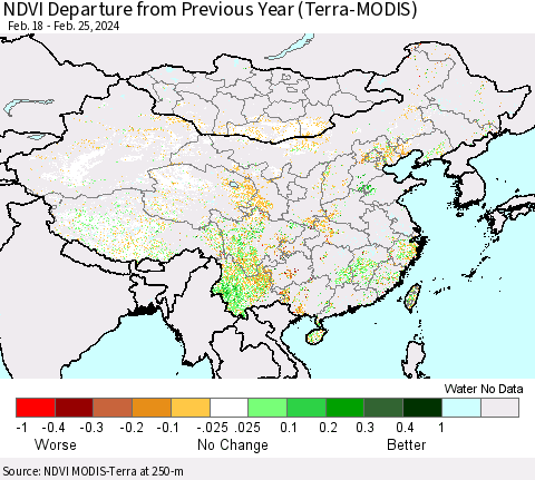 China, Mongolia and Taiwan NDVI Departure from Previous Year (Terra-MODIS) Thematic Map For 2/18/2024 - 2/25/2024