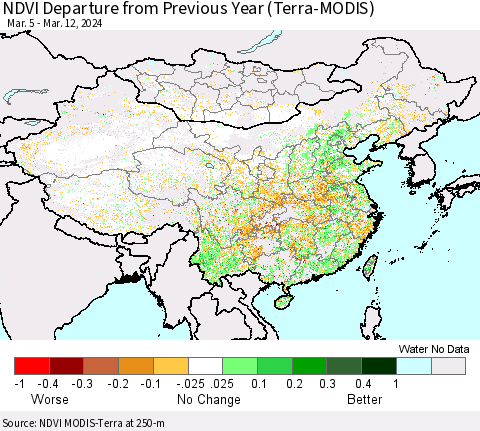 China, Mongolia and Taiwan NDVI Departure from Previous Year (Terra-MODIS) Thematic Map For 3/5/2024 - 3/12/2024