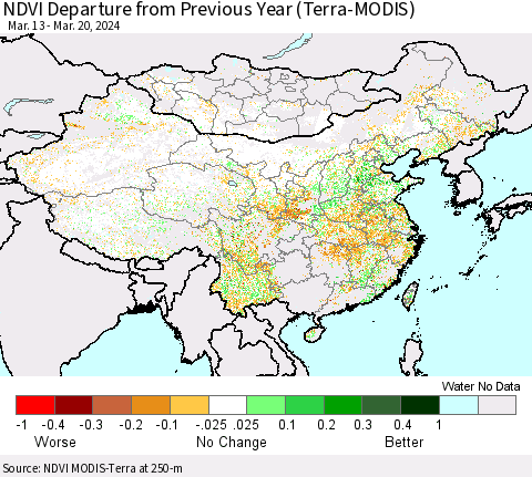 China, Mongolia and Taiwan NDVI Departure from Previous Year (Terra-MODIS) Thematic Map For 3/13/2024 - 3/20/2024