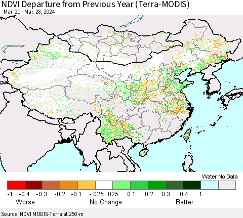 China, Mongolia and Taiwan NDVI Departure from Previous Year (Terra-MODIS) Thematic Map For 3/21/2024 - 3/28/2024
