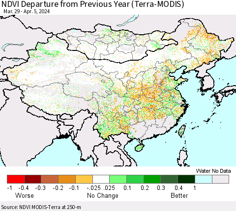 China, Mongolia and Taiwan NDVI Departure from Previous Year (Terra-MODIS) Thematic Map For 3/29/2024 - 4/5/2024