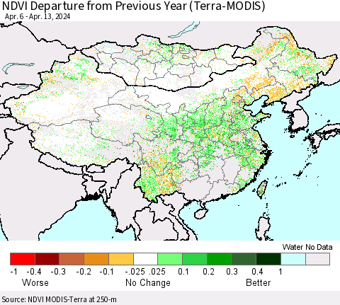 China, Mongolia and Taiwan NDVI Departure from Previous Year (Terra-MODIS) Thematic Map For 4/6/2024 - 4/13/2024