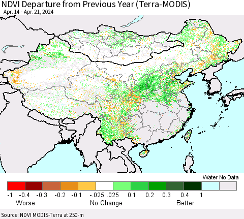 China, Mongolia and Taiwan NDVI Departure from Previous Year (Terra-MODIS) Thematic Map For 4/14/2024 - 4/21/2024