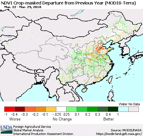 China, Mongolia and Taiwan Cropland NDVI Departure from Previous Year (Terra-MODIS) Thematic Map For 3/21/2018 - 3/31/2018