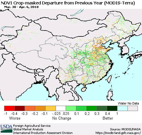 China, Mongolia and Taiwan Cropland NDVI Departure from Previous Year (Terra-MODIS) Thematic Map For 4/1/2018 - 4/10/2018