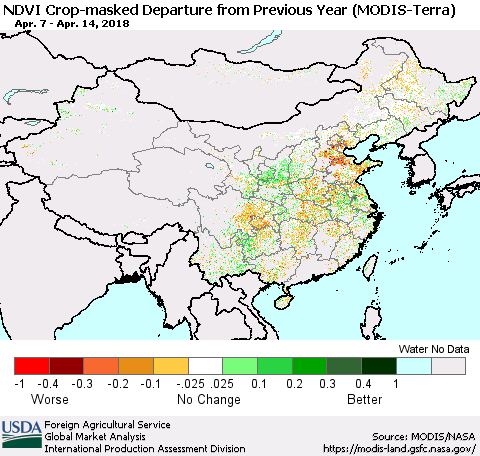 China, Mongolia and Taiwan Cropland NDVI Departure from Previous Year (Terra-MODIS) Thematic Map For 4/11/2018 - 4/20/2018