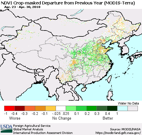 China, Mongolia and Taiwan Cropland NDVI Departure from Previous Year (Terra-MODIS) Thematic Map For 4/21/2018 - 4/30/2018