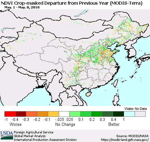 China, Mongolia and Taiwan Cropland NDVI Departure from Previous Year (Terra-MODIS) Thematic Map For 5/1/2018 - 5/10/2018