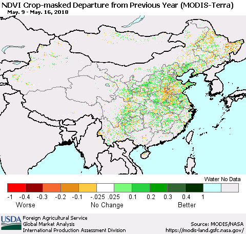 China, Mongolia and Taiwan Cropland NDVI Departure from Previous Year (Terra-MODIS) Thematic Map For 5/11/2018 - 5/20/2018