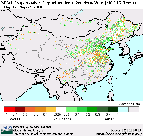 China, Mongolia and Taiwan Cropland NDVI Departure from Previous Year (Terra-MODIS) Thematic Map For 5/21/2018 - 5/31/2018