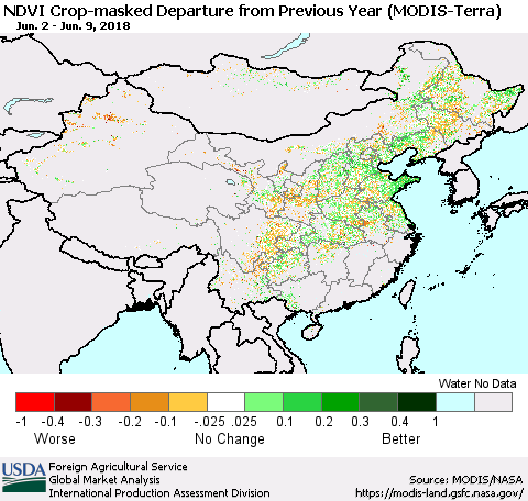 China, Mongolia and Taiwan Cropland NDVI Departure from Previous Year (Terra-MODIS) Thematic Map For 6/1/2018 - 6/10/2018