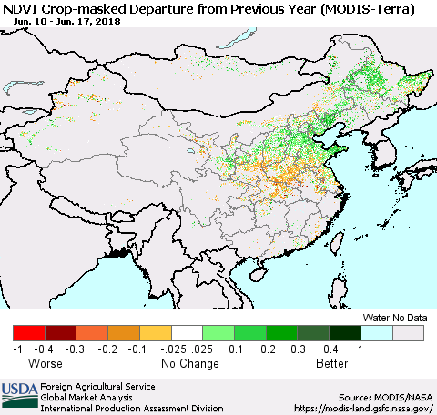 China, Mongolia and Taiwan Cropland NDVI Departure from Previous Year (Terra-MODIS) Thematic Map For 6/11/2018 - 6/20/2018