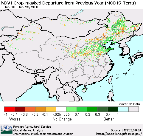 China, Mongolia and Taiwan Cropland NDVI Departure from Previous Year (Terra-MODIS) Thematic Map For 6/21/2018 - 6/30/2018