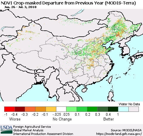 China, Mongolia and Taiwan Cropland NDVI Departure from Previous Year (Terra-MODIS) Thematic Map For 7/1/2018 - 7/10/2018