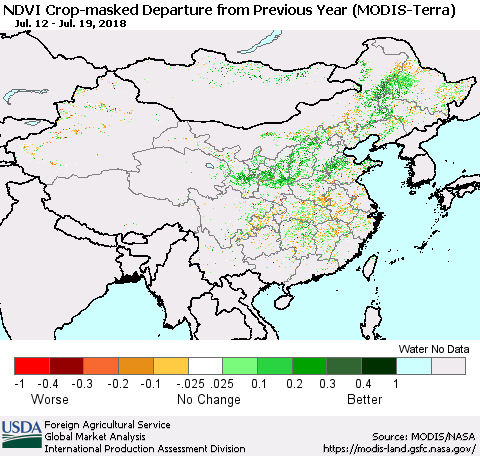 China, Mongolia and Taiwan Cropland NDVI Departure from Previous Year (Terra-MODIS) Thematic Map For 7/11/2018 - 7/20/2018