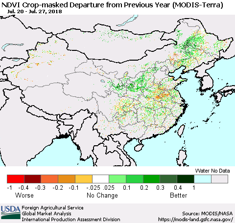 China, Mongolia and Taiwan Cropland NDVI Departure from Previous Year (Terra-MODIS) Thematic Map For 7/21/2018 - 7/31/2018