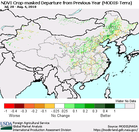 China, Mongolia and Taiwan Cropland NDVI Departure from Previous Year (Terra-MODIS) Thematic Map For 8/1/2018 - 8/10/2018
