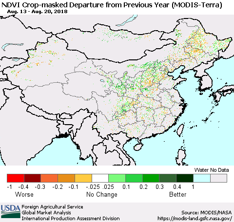 China, Mongolia and Taiwan Cropland NDVI Departure from Previous Year (Terra-MODIS) Thematic Map For 8/11/2018 - 8/20/2018