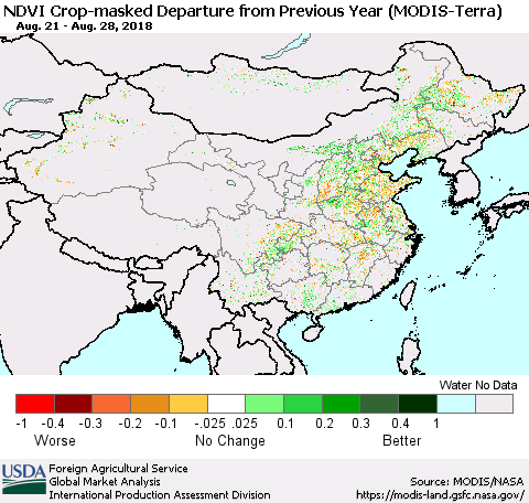 China, Mongolia and Taiwan Cropland NDVI Departure from Previous Year (Terra-MODIS) Thematic Map For 8/21/2018 - 8/31/2018