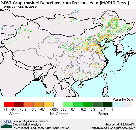 China, Mongolia and Taiwan Cropland NDVI Departure from Previous Year (Terra-MODIS) Thematic Map For 9/1/2018 - 9/10/2018