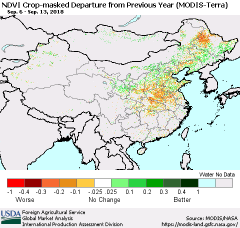 China, Mongolia and Taiwan Cropland NDVI Departure from Previous Year (Terra-MODIS) Thematic Map For 9/11/2018 - 9/20/2018