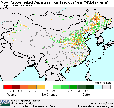 China, Mongolia and Taiwan Cropland NDVI Departure from Previous Year (Terra-MODIS) Thematic Map For 9/21/2018 - 9/30/2018