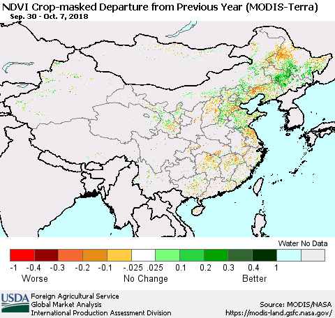 China, Mongolia and Taiwan Cropland NDVI Departure from Previous Year (Terra-MODIS) Thematic Map For 10/1/2018 - 10/10/2018