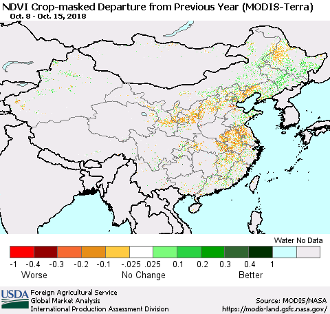 China, Mongolia and Taiwan Cropland NDVI Departure from Previous Year (Terra-MODIS) Thematic Map For 10/11/2018 - 10/20/2018