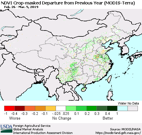 China and Taiwan Cropland NDVI Departure from Previous Year (Terra-MODIS) Thematic Map For 3/1/2019 - 3/10/2019