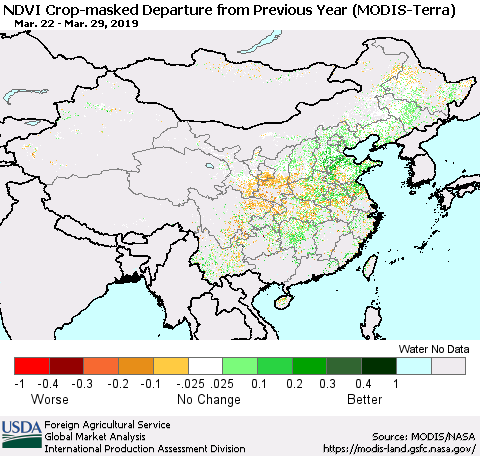 China and Taiwan Cropland NDVI Departure from Previous Year (Terra-MODIS) Thematic Map For 3/21/2019 - 3/31/2019