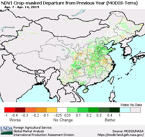 China and Taiwan Cropland NDVI Departure from Previous Year (Terra-MODIS) Thematic Map For 4/11/2019 - 4/20/2019