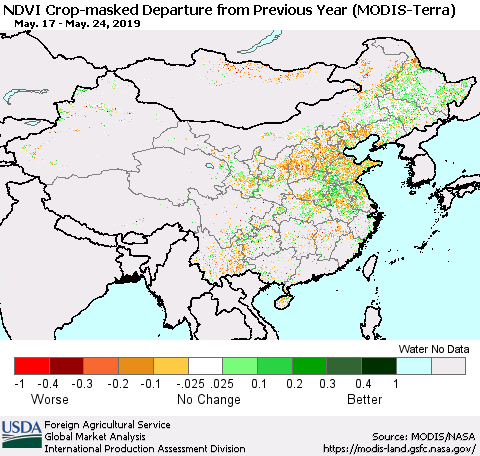 China and Taiwan Cropland NDVI Departure from Previous Year (Terra-MODIS) Thematic Map For 5/21/2019 - 5/31/2019