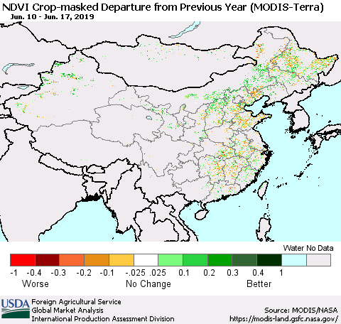 China and Taiwan Cropland NDVI Departure from Previous Year (Terra-MODIS) Thematic Map For 6/11/2019 - 6/20/2019