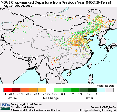 China and Taiwan Cropland NDVI Departure from Previous Year (Terra-MODIS) Thematic Map For 6/21/2019 - 6/30/2019