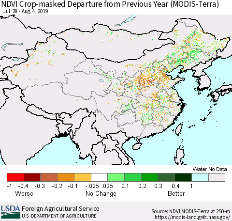 China and Taiwan Cropland NDVI Departure from Previous Year (Terra-MODIS) Thematic Map For 8/1/2019 - 8/10/2019