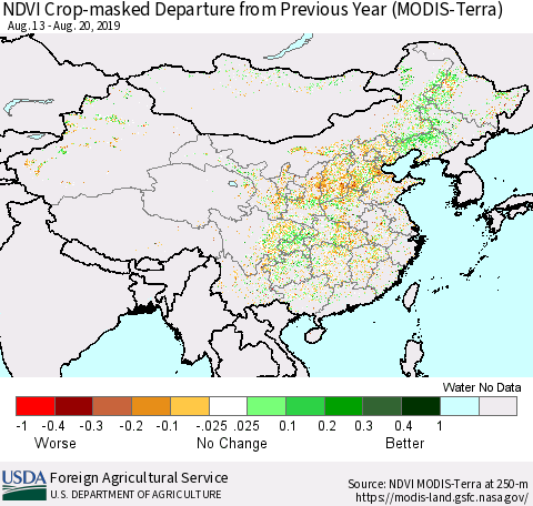 China and Taiwan Cropland NDVI Departure from Previous Year (Terra-MODIS) Thematic Map For 8/11/2019 - 8/20/2019