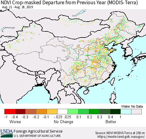 China and Taiwan Cropland NDVI Departure from Previous Year (Terra-MODIS) Thematic Map For 8/21/2019 - 8/31/2019