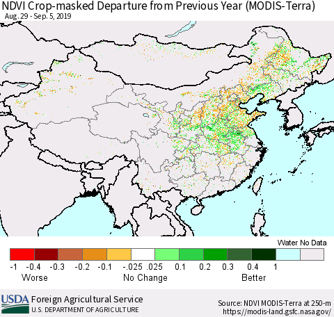 China and Taiwan Cropland NDVI Departure from Previous Year (Terra-MODIS) Thematic Map For 9/1/2019 - 9/10/2019