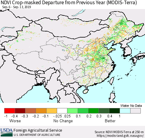 China and Taiwan Cropland NDVI Departure from Previous Year (Terra-MODIS) Thematic Map For 9/11/2019 - 9/20/2019