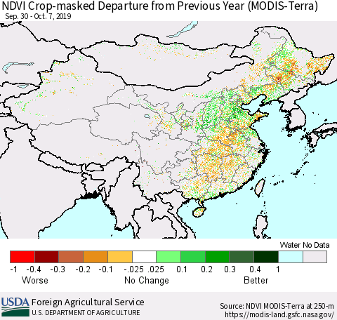 China and Taiwan Cropland NDVI Departure from Previous Year (Terra-MODIS) Thematic Map For 10/1/2019 - 10/10/2019