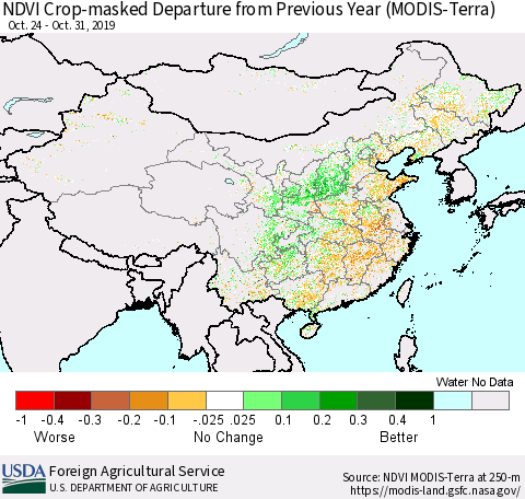 China and Taiwan Cropland NDVI Departure from Previous Year (Terra-MODIS) Thematic Map For 10/21/2019 - 10/31/2019
