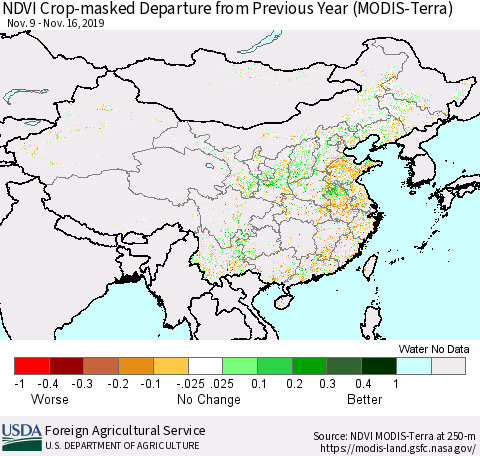 China and Taiwan Cropland NDVI Departure from Previous Year (Terra-MODIS) Thematic Map For 11/11/2019 - 11/20/2019