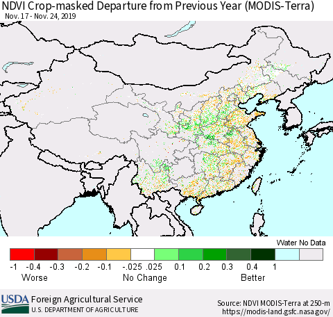 China and Taiwan Cropland NDVI Departure from Previous Year (Terra-MODIS) Thematic Map For 11/21/2019 - 11/30/2019