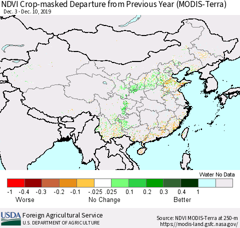 China and Taiwan Cropland NDVI Departure from Previous Year (Terra-MODIS) Thematic Map For 12/1/2019 - 12/10/2019