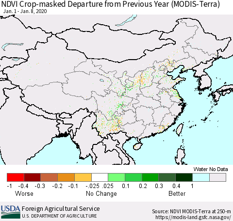 China and Taiwan Cropland NDVI Departure from Previous Year (Terra-MODIS) Thematic Map For 1/1/2020 - 1/10/2020