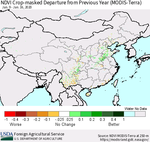 China and Taiwan Cropland NDVI Departure from Previous Year (Terra-MODIS) Thematic Map For 1/11/2020 - 1/20/2020